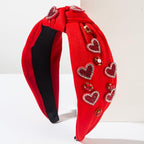 Valentine's Day Rhinestone Heart Headband, Red Fabric Hair Accessory with Crystal Beaded Hearts, Holiday Hair Fashion Accessories for Women Christmas New Year Gift