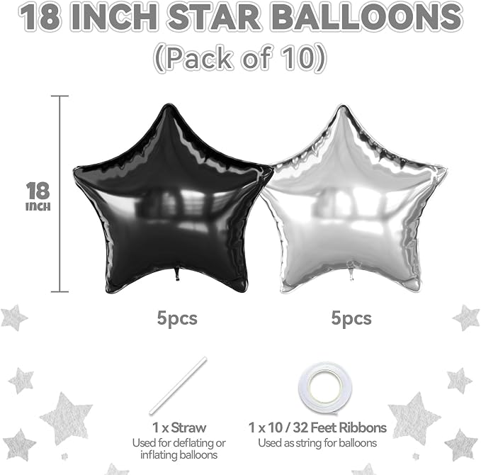 Black Silver Star Foil Balloons, 18 Inch Metallic Black and Silver Stars Balloon - Image 2