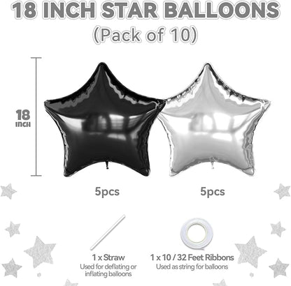 Black Silver Star Foil Balloons, 18 Inch Metallic Black and Silver Stars Balloon - Image 2