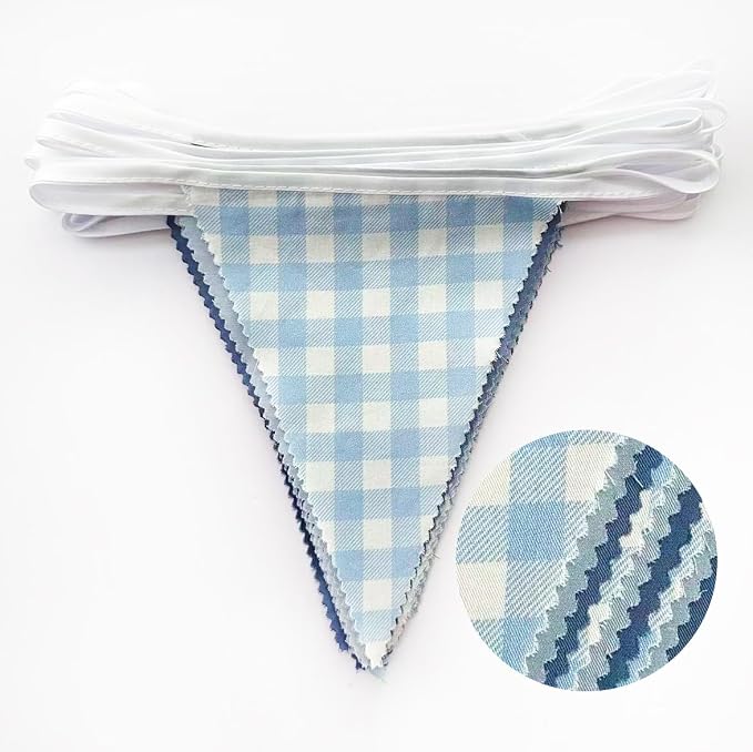 32Ft Dusty Blue Party Decorations Retro Blue Gingham Triangle Banner Flag - Image 2