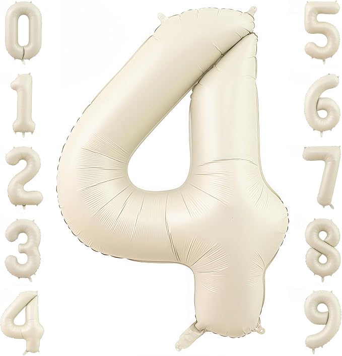 Cream Number 4 Balloons, 40 Inch 4 Balloons Giant Helium Foil Mylar Beige 4 by BBPOOL