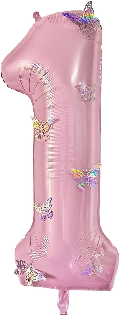 40 Inch Number Balloon Pink Large Mylar Foil Pink Number Balloons and Butterfly by GLASNES