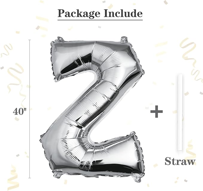 40 inch Silver Letter Z Balloon, Big Size Alphabet Foil Mylar Helium Balloons - Image 2