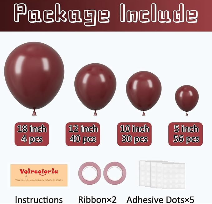 Voircoloria 130pcs Burgundy Balloons Garland Arch Kit, 18 12 10 5 Inch | - Image 2