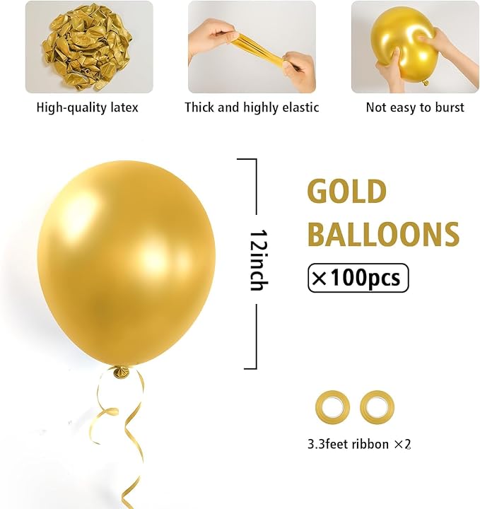 BAUANOOY 100pcs Metallic Gold Balloons 12 inch, Chrome Gold Balloons - Image 2