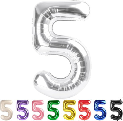 5 Balloon Numbers Party Decorations, 40In Silver Balloons by Mluchee