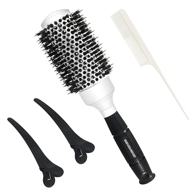 Round Brush with Boar Bristle, Ball Tip Round Hair Brushes for Women Blow Drying, 2 Clips and 1 Comb Included (2.9" & Barrel 1.7")…