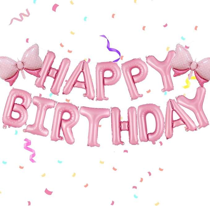 16 Inch Pink Happy Birthday Balloons Letters Banner & 2PCS Mini Bow Balloons by Unknown