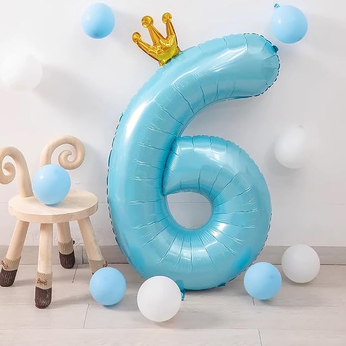 Blue Number 6 Balloon with Crown, 40 inch Blue Number Balloon 6th Birthday - Image 3