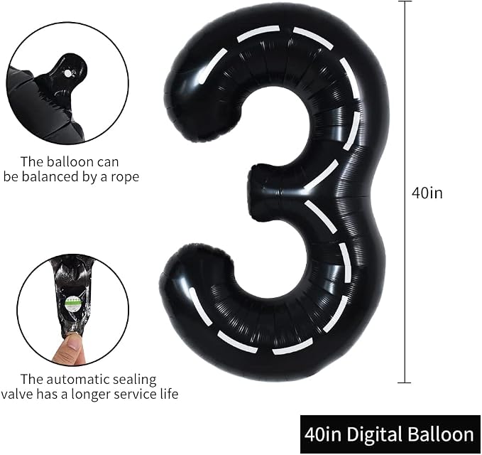 TONIFUL 40 Inch Large Race Car Number 3 Balloon 3rd Birthday Decorations | 3rd - Image 2