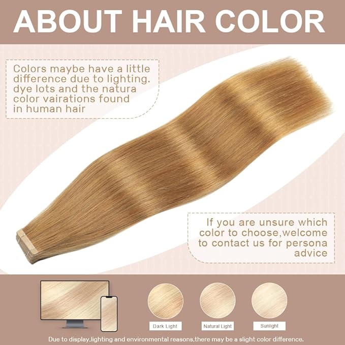 Tape in Hair Extensions Human Hair Caramel Blonde Hair Extensions 18 Inch 20pcs Remy Straight Human Hair Tape in Extensions Skin Weft Tape Extensions Human Hair