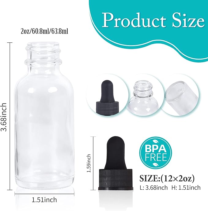 2 oz Dropper Bottle 12 Pack Clear Glass Boston Bottles 60ml with Eye Droppers Black Caps for Essential Oils, Perfume, Leak Proof Travel Bottles for Liquids