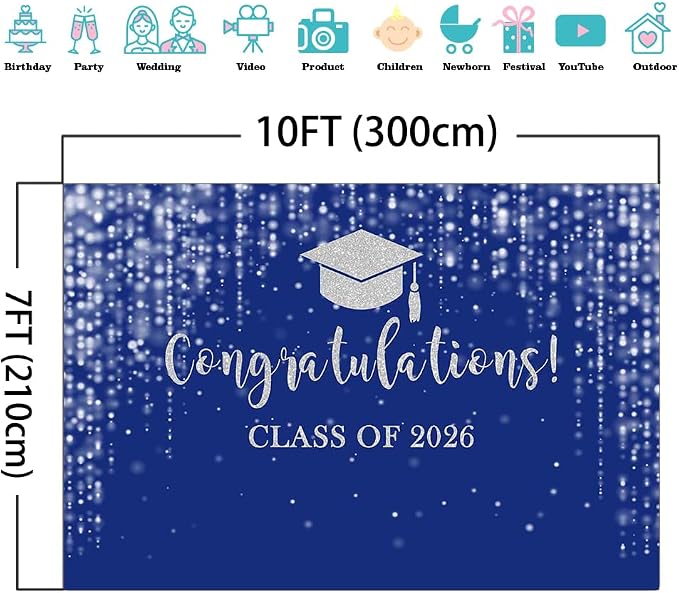 Mocsicka Class of 2026 Backdrop Blue Silver Glitter Bokeh Graduation Party - Image 4