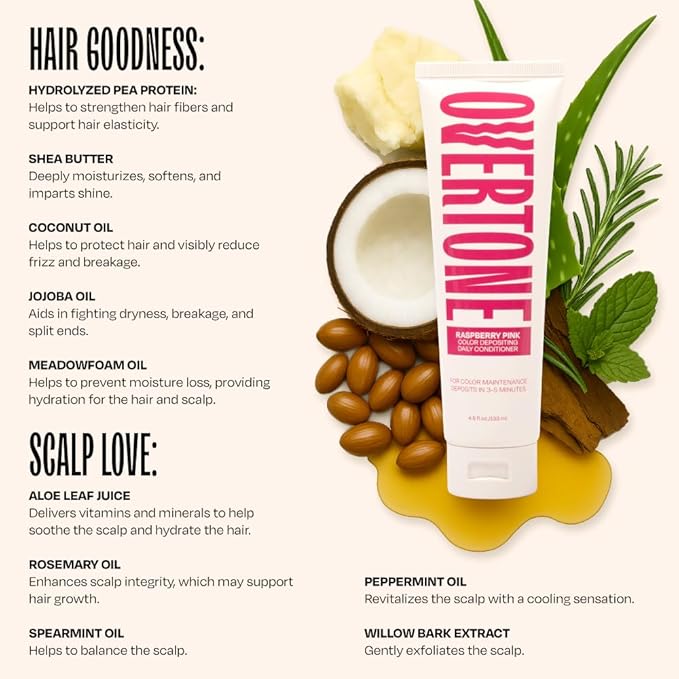 Overtone Daily Color Depositing Conditioner - 4.5oz Temporary Coloring Conditioner w/Shea Butter & Coconut Oil - Refresh Color & Prevent Fading - Vegan & Cruelty-Free, Pink for Brown is Rapsberry Pink