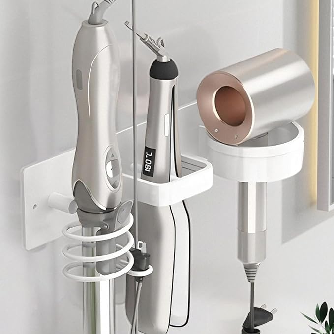 Hair Dryer Holder Wall Mounted,Blow Dryer, Curling Iron, Straightener Holder 3 in 1 Bathroom Metal Hair Tool Organizer Rack-Matte White-1