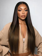 YIROO V Part Human Hair Wig - Ombre Chestnut Brown Yaki Straight Glueless No Leave Out - Upgrade U Part for Women - V Shape Clip in Half No Glue No Sew in Beginner 24 Inch