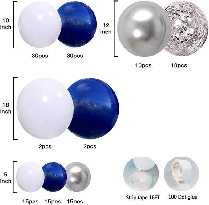 Navy Blue Silver Balloons Garland Kit, Party decor | Dark Blue White Silver - Image 3