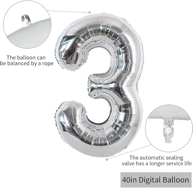 TONIFUL 40 Inch Silver Number 3 Balloon Large Foil 3rd Birthday Decorations | - Image 2