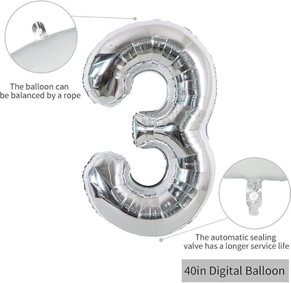 TONIFUL 40 Inch Silver Number 3 Balloon Large Foil 3rd Birthday Decorations | - Image 2