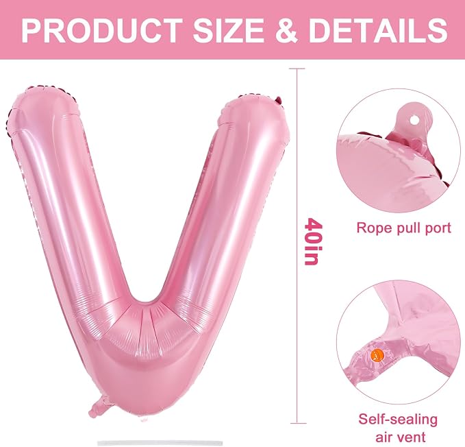 TONIFUL 40 Inch Large Pink Letter V Balloons Giant Foil Mylar Alphabet Balloon - Image 3
