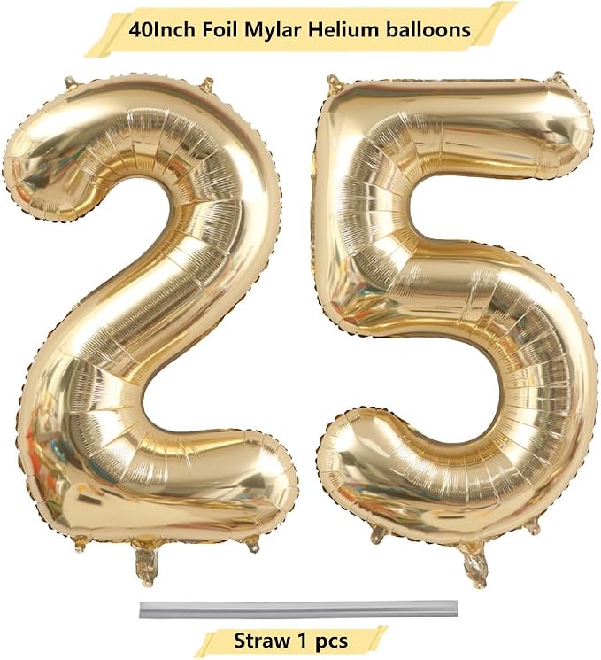 Light Gold Number 25 Balloon 40in White Gold 25 Foil Mylar Digital Balloon | - Image 4