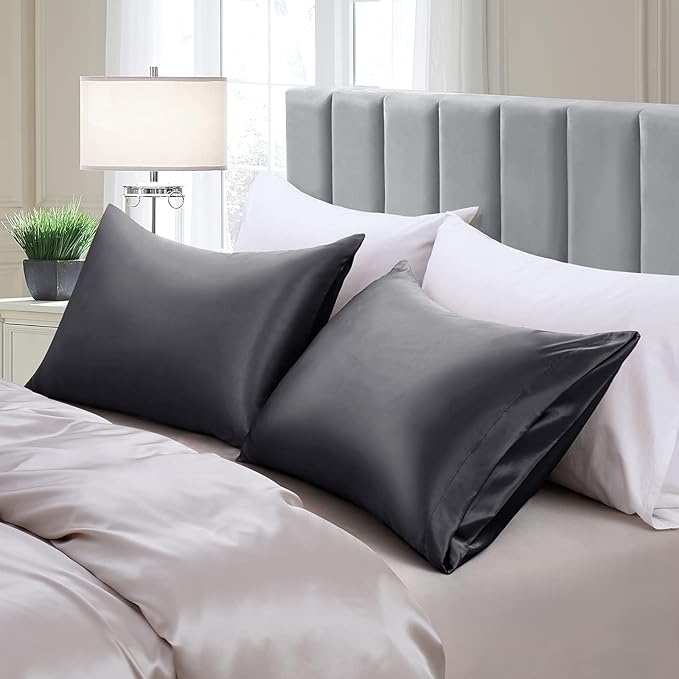 Aormenzy Dark Grey Satin Pillowcase for Hair and Skin, Satin Pillow Cases for Women Standard Size Set of 2 with Envelope Closure Silky Pillow Covers Wrinkle, Fade Resistant (20x26 Inches)
