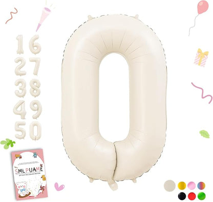 40 Inch Cream Number Balloons 0-9, Giant Self-Sealing Beige Foil Number 0 White by Smlpuame