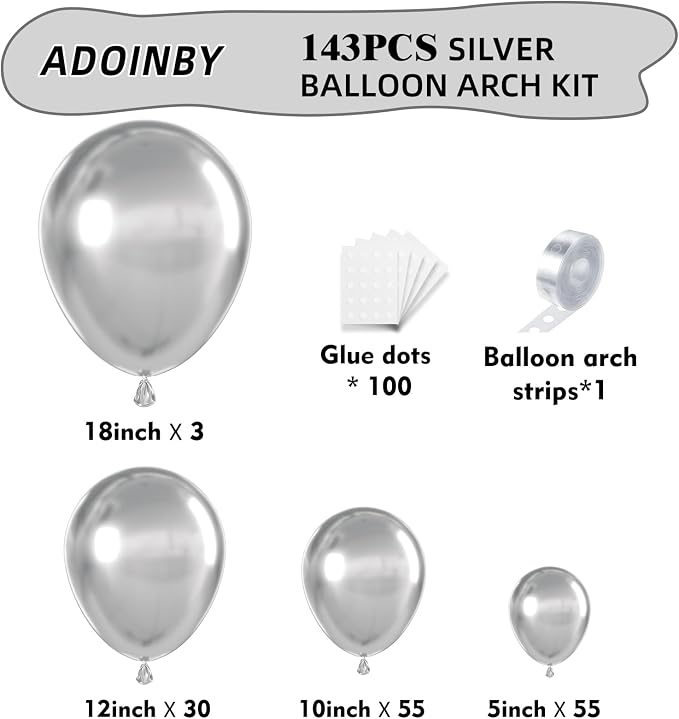 Silver Balloon Arch Kit, 18 12 10 5Inch Different Size Balloons - Image 2