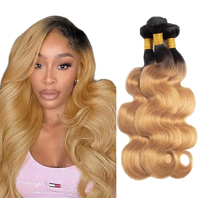 Blonde Bundles Human Hair Ombre Body Wave Bundle Niegmeag Virgin Remy Hair 3 Bundles 20 22 24 Inch Double Weft 2 Tone Black and Honey Blonde Body Wave Bundle