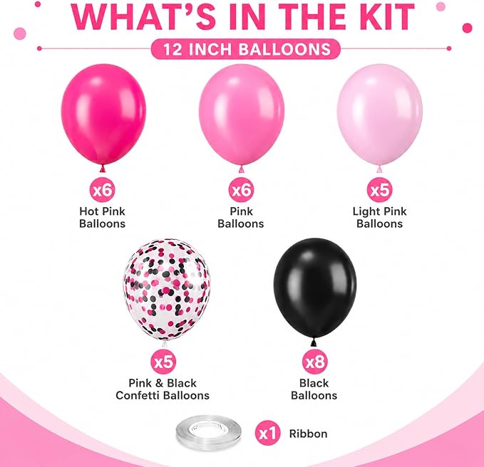 Pink and Black Balloons, 12 Inch Hot Pink Black Balloons Set - Image 3