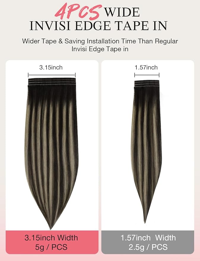 DOORES Invisi Edge Tape in Wide Hair Extensions Human Hair, Natural Black to Light Blonde 4PCS Injection Tape ins 20g 14 Inch, Virgin Human 3 Inch Wide Injected Extensions Invisible