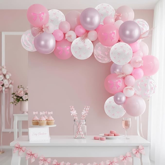 Pink Bow Balloons, Bow Printed Balloon Metallic Confetti Balloon - Image 6