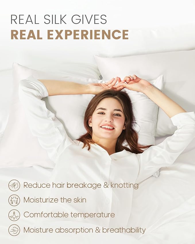 THXSILK 100% Silk Pillowcase for Hair and Skin, Both Sides Grade 6A+ Mulberry Silk Pillow Case with Hidden Zipper, Soft Smooth White Pillowcase(1pc, Queen Size 20"x30")