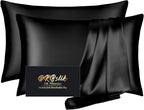 Silk Pillow Cases 2 Pack, Mulberry Silk Pillowcases Standard Set of 2, Smooth, Anti Acne, Both Sides Natural Silk Satin Pillow Cases for Sleeping Women 2 Pack with Zipper, Black