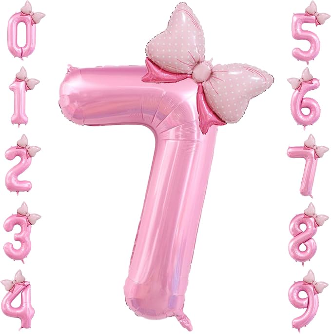 40 inch Number 7 Balloon with Bow Pink Happy Birthday Jumbo Number Balloon by OIBUTUR