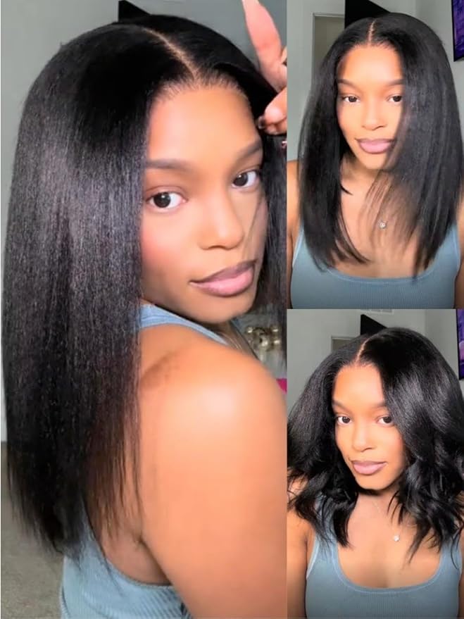 YIROO Yaki Straight Bob Human Hair Drawstring Wigs Pre Cut 7x5 HD Lace Front Wig Bye Bye Knots Glueless Yaki Short Bob Human Hair Wigs Pre Plucked Invisible Knots 150% Density Ready to Go 10Inch