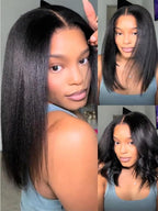 YIROO Yaki Straight Bob Human Hair Drawstring Wigs Pre Cut 7x5 HD Lace Front Wig Bye Bye Knots Glueless Yaki Short Bob Human Hair Wigs Pre Plucked Invisible Knots 150% Density Ready to Go 10Inch