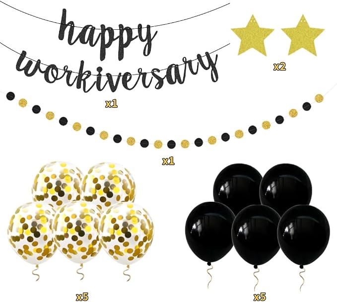 Happy Workiversary Banner Black Gold Glitter Work Anniversary Party Decorations - Image 3