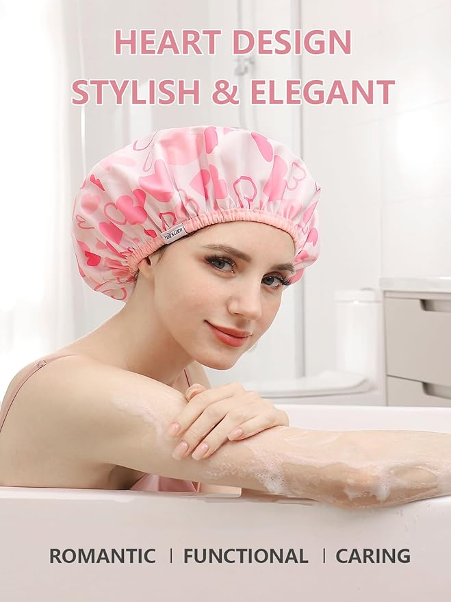 Years Calm Shower Caps For Women Reusable Waterproof，Pattern And Solid Color Dual-Layer Design For Dual-Layer Usable，Protects Hair In Shower, Spa, Cooking, Clean & Travel (Pink, Extra Large)