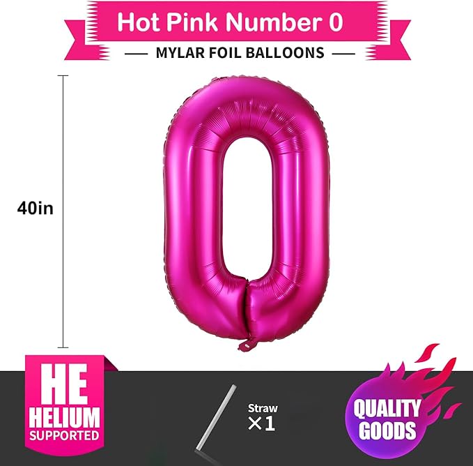 0 Balloon Number Hot Pink 0 Birthday Balloon 40 inch Foil Mylar Large 0 Balloon - Image 2