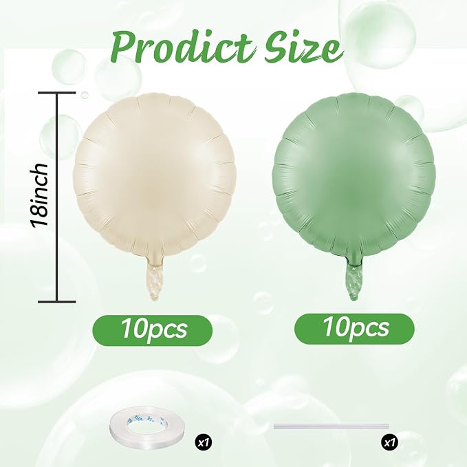 20PCS 18 Inch Round Foil Balloon, Round Shaped Balloons, Retro Sage Green Cream - Image 2