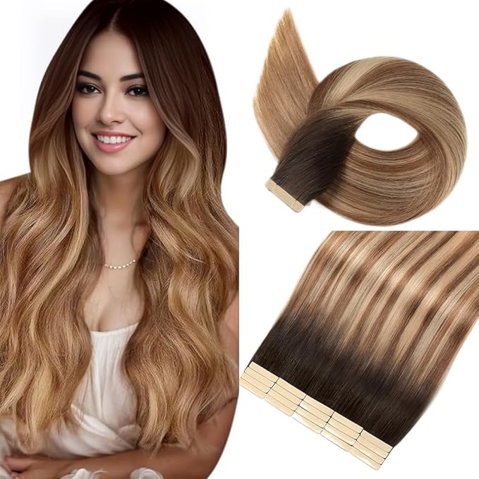 Tape in Hair Extensions Human Hair 16 Inch 20pcs Invisible Tape ins Hair Extensions Real Human Hair Chestnut Brown to Mixed Dirty Blonde Remy Seamless Injected Tape Extensions