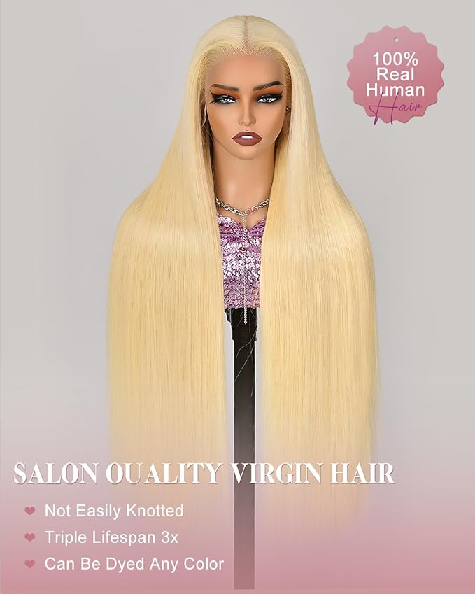Alididi 613 13x6 Lace Front Wig Human Hair 24 Inch 180 Density Blonde Wig Human Hair Straight 100% Real Human Hair True Length Random Dyeing No Tangle No Shedding No synthetics Triple Lifespan 3x