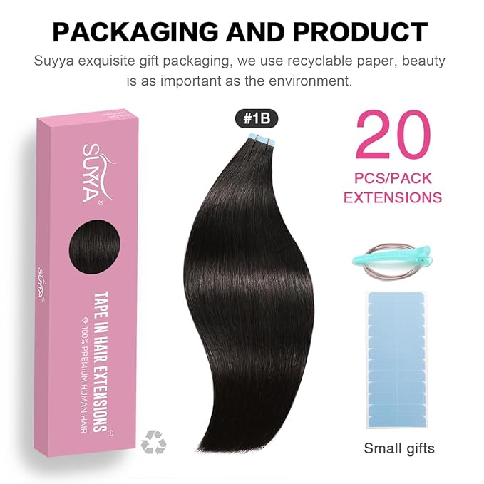 SUYYA Tape in Hair Extensions Remy Human Hair 18 inches 50g/pack 20pcs Straight Seamless Skin Weft Tape Hair Extensions Natural Black Hair(18 inches #1B Off Black)