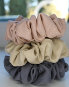 Handmade Linen Scrunchie Bundle for Women – Set of 3 Neutral Hair Ties – 100% Linen Fabric, Gentle on Hair, Woman Gift Set (Aura)