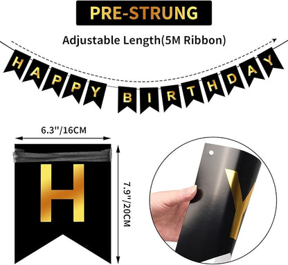 Happy Birthday Banner, Pre-Strung Black and Gold Party Decorations，16ft - Image 2