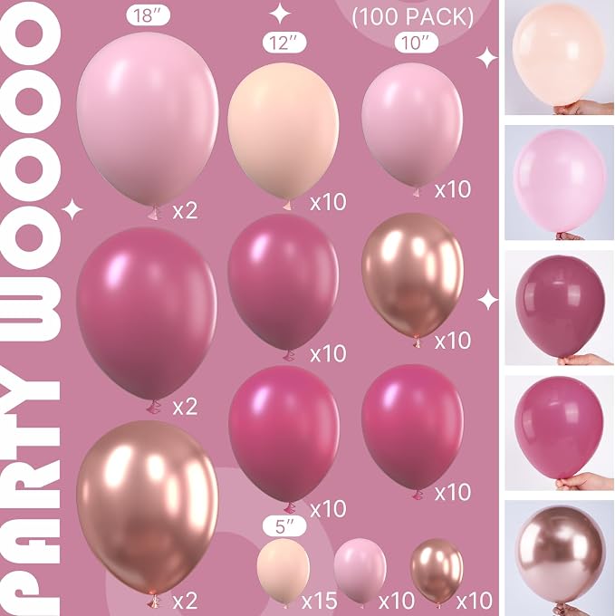 PartyWoo Dusty Pink Balloon Arch Kit 100pcs Pink and Rose Balloons | Dusty - Image 2