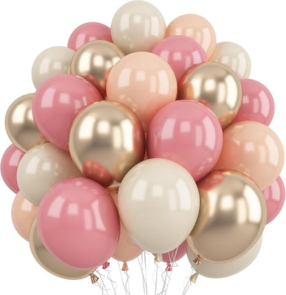 Retro Pink Balloons, 12 Inch Dusty Pink Metallic Gold White Balloons, Blush by TAOYE