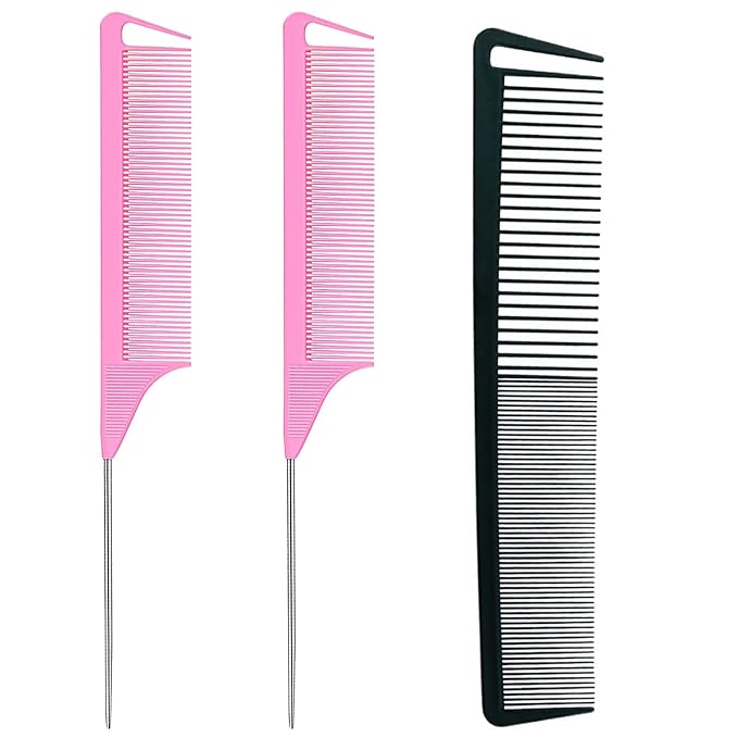 3-in-1 Rat Tail & Stainless Steel Pintail Comb Set - Carbon Fiber Teasing Comb for Braids, Barber Styling & Salon Use - Fine Teeth, Pink & Black
