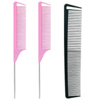 3-in-1 Rat Tail & Stainless Steel Pintail Comb Set - Carbon Fiber Teasing Comb for Braids, Barber Styling & Salon Use - Fine Teeth, Pink & Black